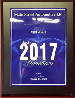 We got awarded best auto repair shop in the whole city of Stoneham.