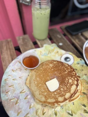 Butter pancakes and cold matcha latte