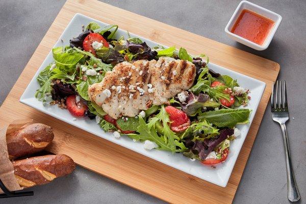 Pecan Strawberry Salad with Grilled Chicken and Feta