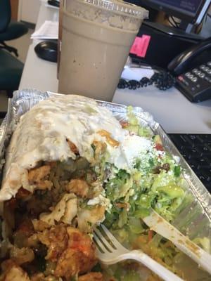 Shrimp burrito and chocolate avocado smoothie