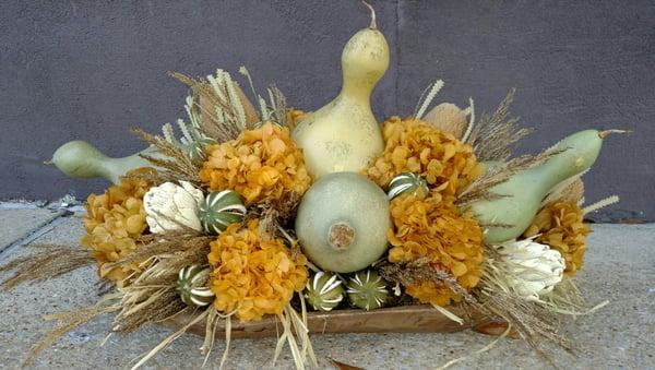 Festive harvest arrangement in dough bowl