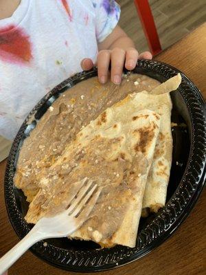 Kids quesadilla (added chicken and doubled beans instead of rice and beans)