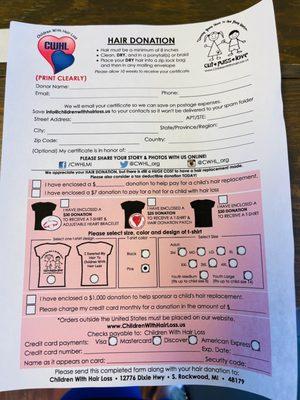 Hair donation form for CWHL.