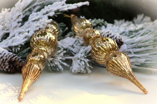 NEW... A stunning set of 11" Brass Mercury Glass Finial Ornaments with glitter motif will add elegance and dimension to your tree or mantel.