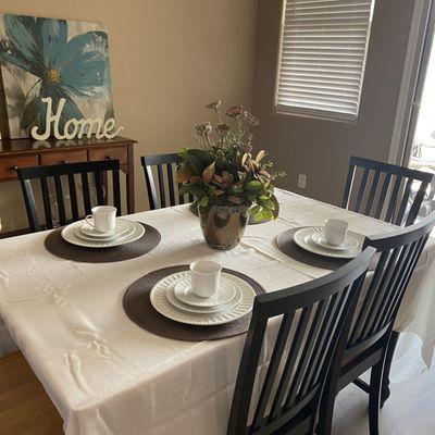 Dining room, table, chairs, tablecloth, dishes, pictures, buffet table - EVERYTHING, from DI.