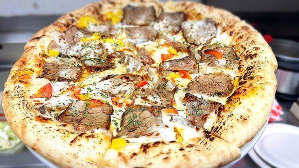 House brisket Philly cheese style pizza