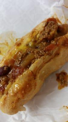 Jumbo chili cheese hot dog.