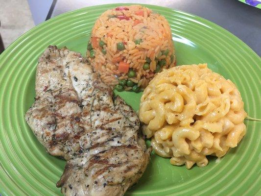 Grilled Chicken Breast, Vegetable Seasoned Rice and Macaroni and Cheese