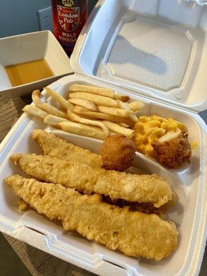 3 pc battered fish with Hush Puppies, Mac and cheese, and fries.