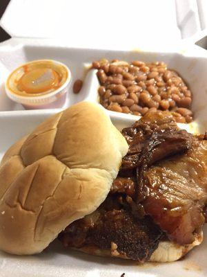 Brisket sandwich and baked beans