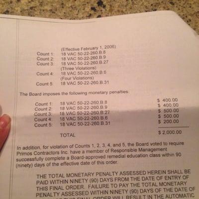 Primos violated several regulations and was fined $2000 by State of Virginia. More information can be found on DPOR.