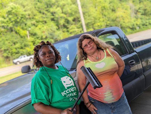 Out serving the community, making sure everyone's windows are clean.