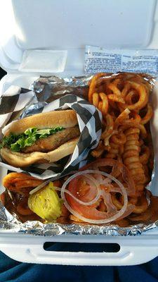 Fried chicken sandwich and curly fries