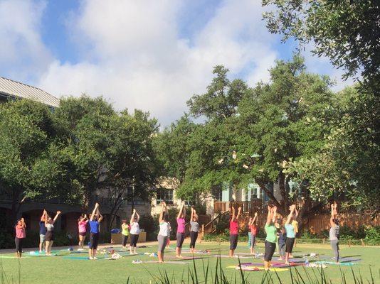 Yoga with a View at the beautiful Hyatt Hill Country Resort out on Aunt Mary's Lawn.