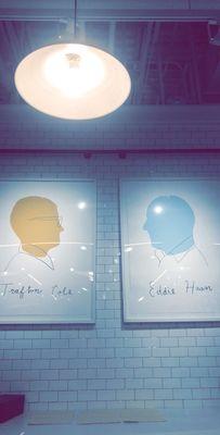 Near the check out section, art of the two men whose vision created the brand Cole Haan