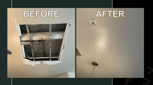 Before and after photos of a recent ceiling repair and paint.