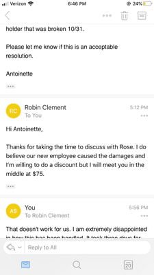 Screenshot of the owner admitting fault but only offering 50% off that days service.