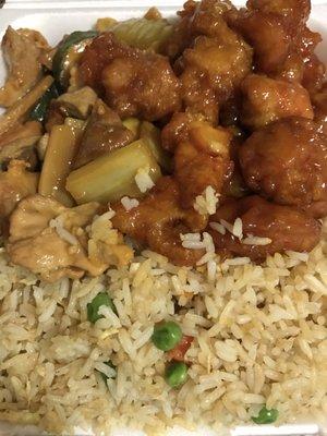 Mushroom chicken, orange chicken, and fried rice. 3 item combo $7. Fried rice needs more soy sauce.