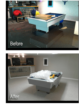 Water damage restoration in flooded basement before and after