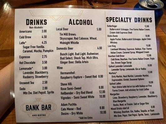 Drink menu