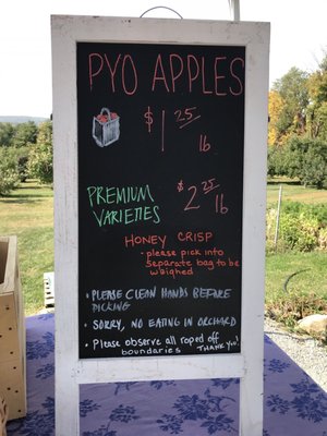 Apple picking prices and Covid instructions.  Went during late Sept 2020