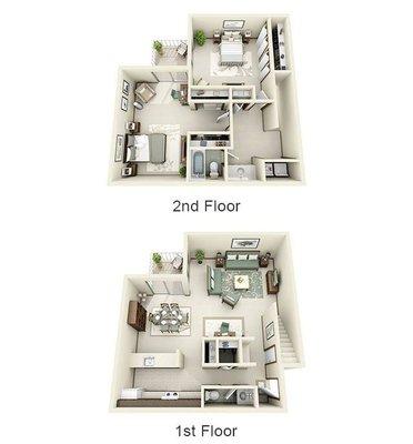 Our 2 bedroom 1.5 bathroom townhome comes with a washer/dryer in each unit and ranges from 1575 - 1630 square feet.