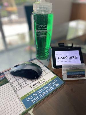 Our friends at ServisTree are always want new products like this credit card shaped hand sanitizer, calendar mouse pad and water bottle.