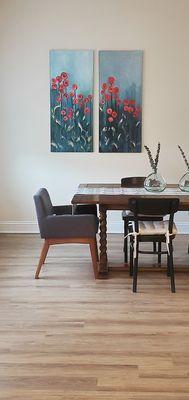 Beautiful flower paintings I hung in a dining room.