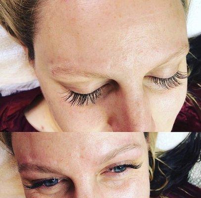 Eyebrow tint/wax and mink eyelash extensions.