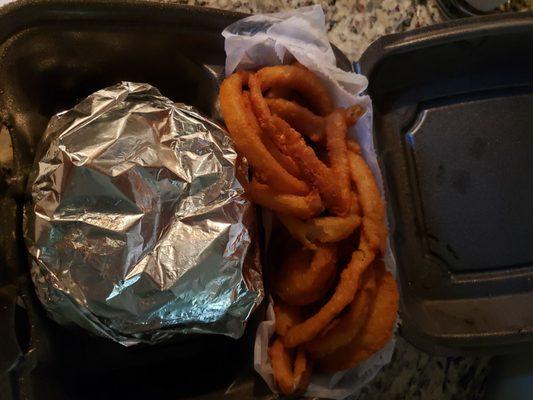 Cheese burger and onion rings