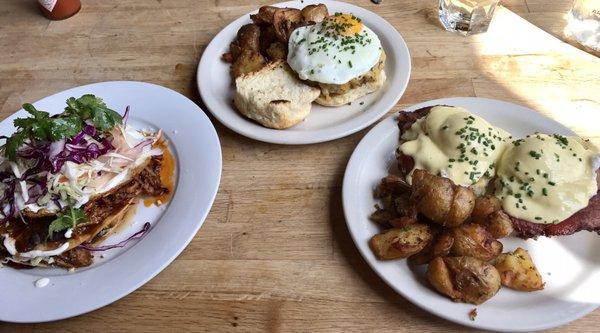 Chile-braised pork tostada with eggs, breakfast biscuit sando, and eggs Benedict.