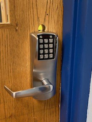 Removed keypad and replaced with Schlage Lever and electric strike and card reader for more security