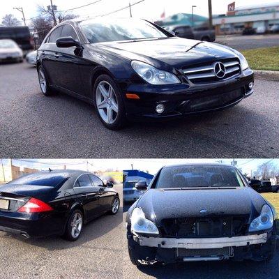 Before and after photo of a front collision on this very nice Mercedes