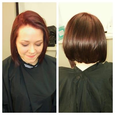 We added some more edge to an amazing haircut by giving it a more rich, deep, red all over color.