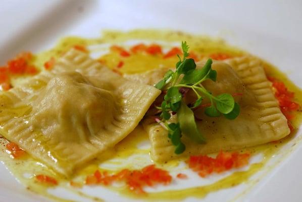 Lobster Ravioli with Saffron Yuzu Cream and Brown Butter