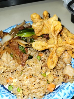 House fried rice, Mongolian beef and crab ragoon