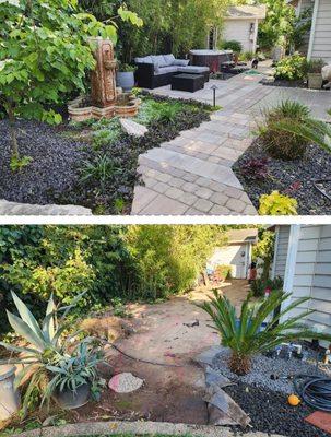 Before and after , pavers, water feature,  plants, trees, outdoor lighting