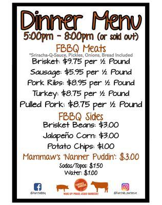 FBBQ Dinner Menu