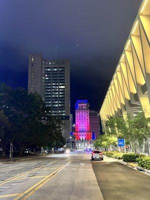 Courthouse lit up at night