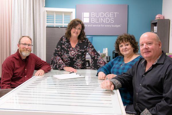 Our five star rated Budget Blinds team! 
Greg, Jessi, Lisa, Tim