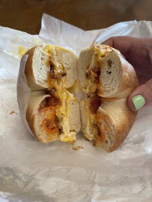 Double egg, bacon, cheese, hot sauce, bagel