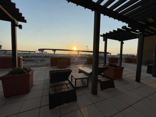 Terrace at sunrise in August.