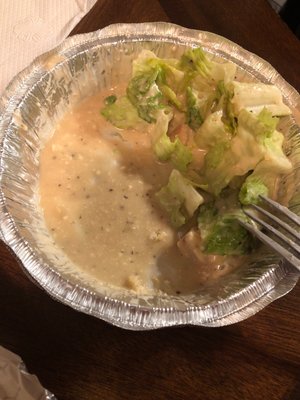 Chicken Caesar salad they put the dressing on before giving it to us, its literally drowning