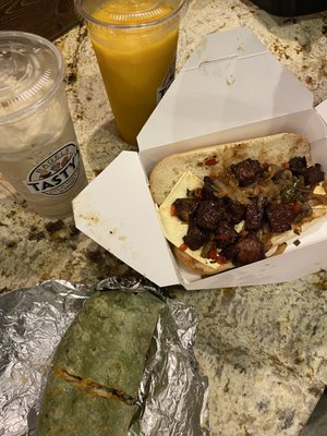 Doms Steak Tip Sub and honey mustard chicken wrap