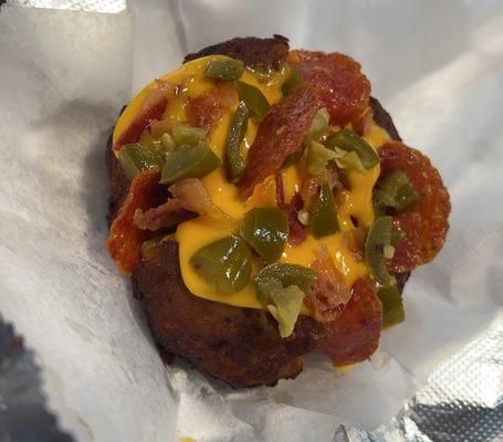 Loaded Papa Rellena (potatoe ball) has cheese jalapeno pepperoni n bacon yummm