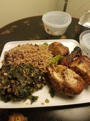 One Love... half chicken with rice and peas and kale