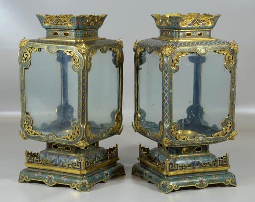 Pair of Chinese gilt bronze and cloisonné 
 lanterns, 17" high,  Sold for $34,500