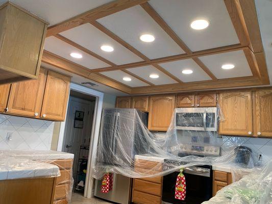 Customer wanted to remove the dirty faded light lenses and fluorescent light fixtures and install recessed lighting in their kitchen.