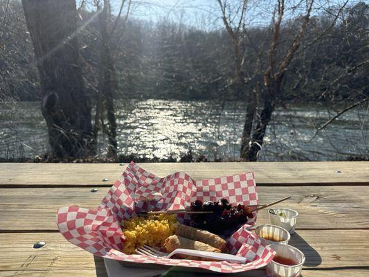 View of French Broad river with my Master BBQ Pork platter