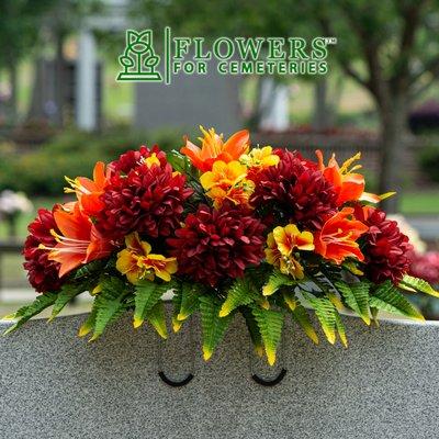 Orange Lily and Burgundy Dahlia Cemetery Saddle.